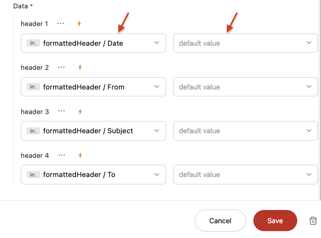 Screenshot of wiresk Method setting from google sheets. It shows fields to map data from the Trigger. Arrows shows input field for mapping data from a step response and default value for a manual entry.