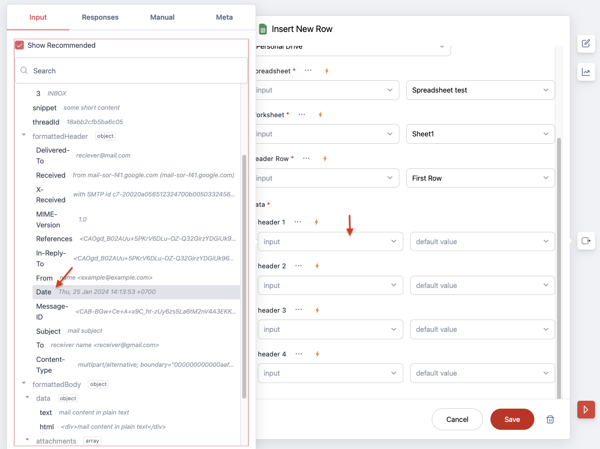 screenshot of Wiresk Method setting from Google sheets called Insert New Row. its shows how to map data from Gmail Trigger, Receive new mail.