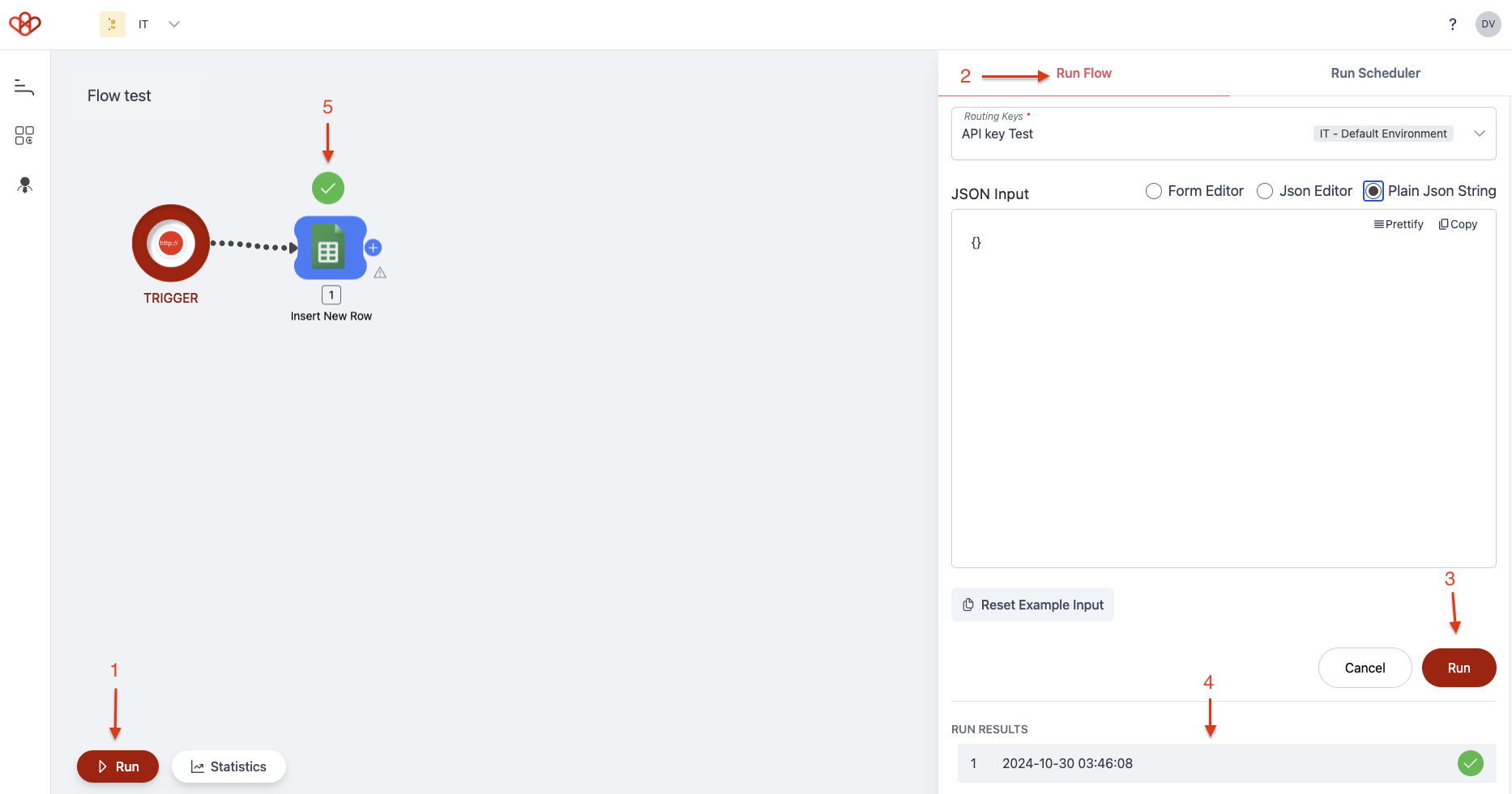 Screenshot of Wiresk Flow builder. it shows how to Activate the Flow by doing a "run Flow". Red arrows show different steps that is needed to be followed.