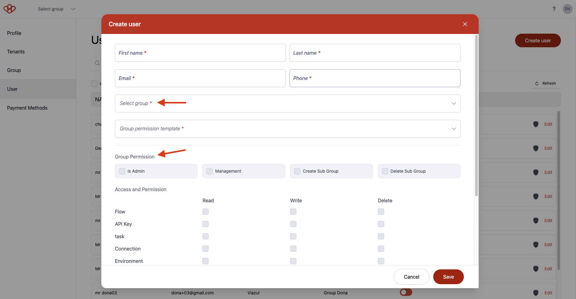 A screenshot of the user creation form in the Wiresk platform. The form includes fields for first name, last name, email, phone number, selected group, group permission template, and individual permissions for various actions like reading, writing, and deleting.